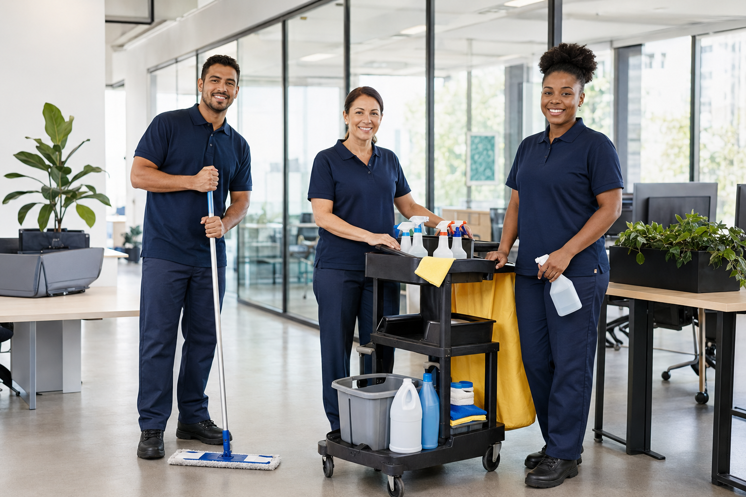 Professional commercial cleaning team in a modern office